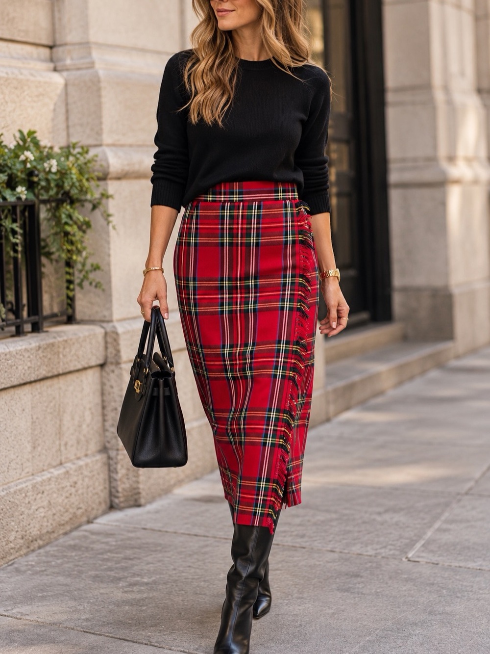 Talbots Vintage Wool Plaid Midi Skirt in Red & Black Size 6